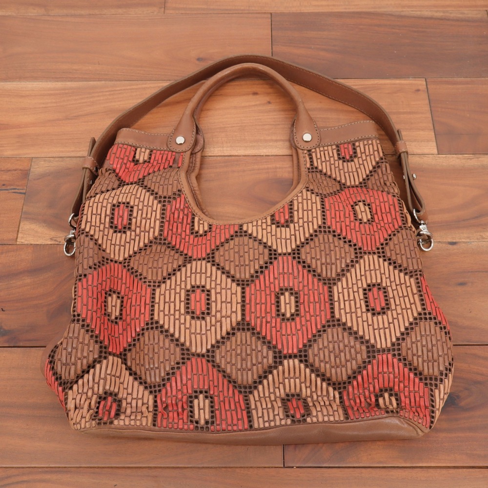 Lockheart Brown Woven Leather Geometric Tote Bag Satchel Shoulder Bag
